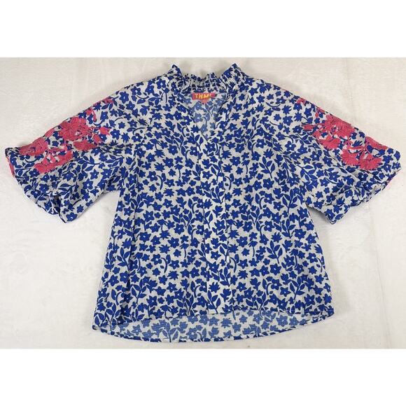 THML Tops - THML Top Sz XS Blue/Tan w/ Embroidered Floral Pink Puff Sleeves Smocked Neck